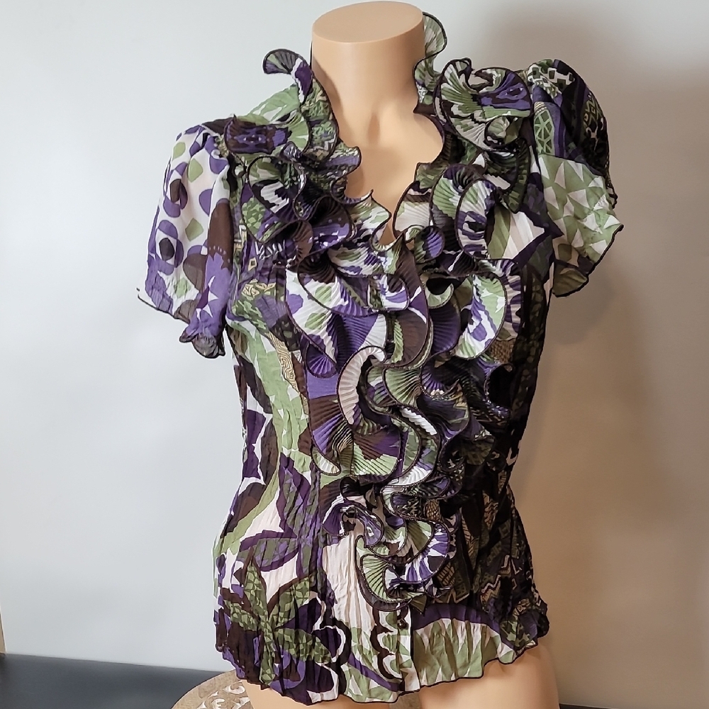 Jaipur Purple and Brown & Green Fitted Ruffled Krinkle Blouse